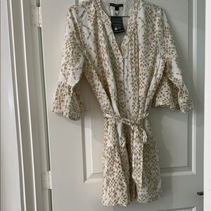 Boston Proper Cream and Gold Eyelet Dress with Tie Belt